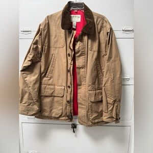 Orvis camel color jacket with red lining inside. Brown corduroy collar. Large